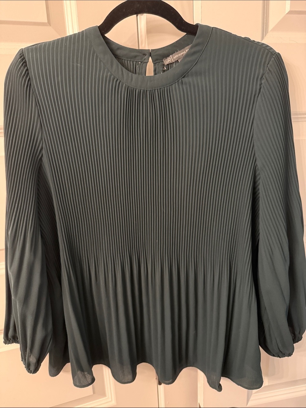 Adrianna Papell Slate Green Pleated Long-Sleeve Blouse